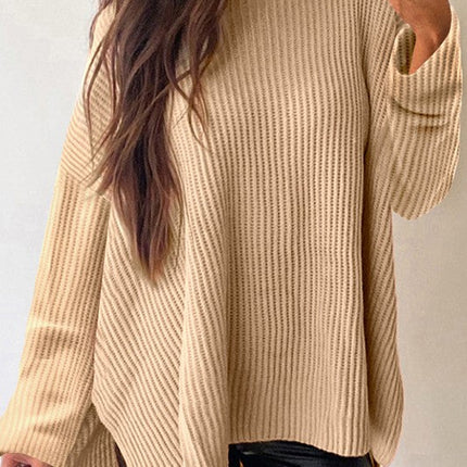 Women Knit Drop Shoulder Side Slits Loose Sweater