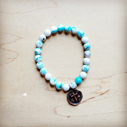 **Turquoise White Beaded Stretch Bracelet w/ Coin 809i