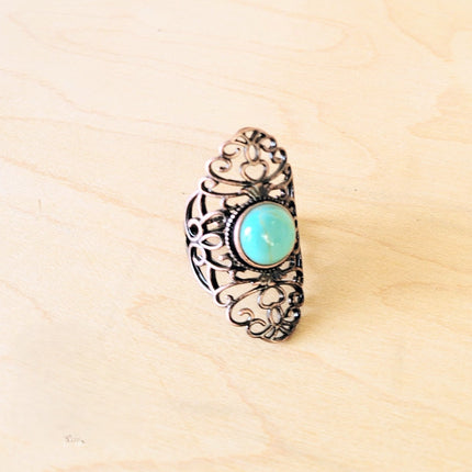 Blue Turquoise Ring in Antique Copper Filigree Setting 012d1