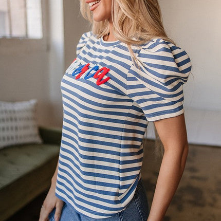 Stripe America Cursive Graphic Puff Sleeve T-shirt
