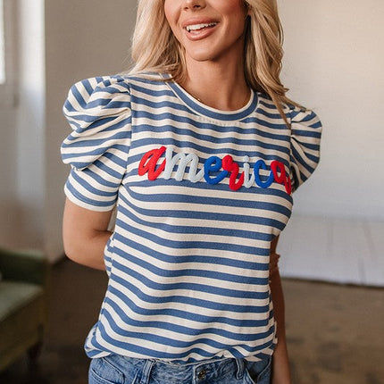 Stripe America Cursive Graphic Puff Sleeve T-shirt