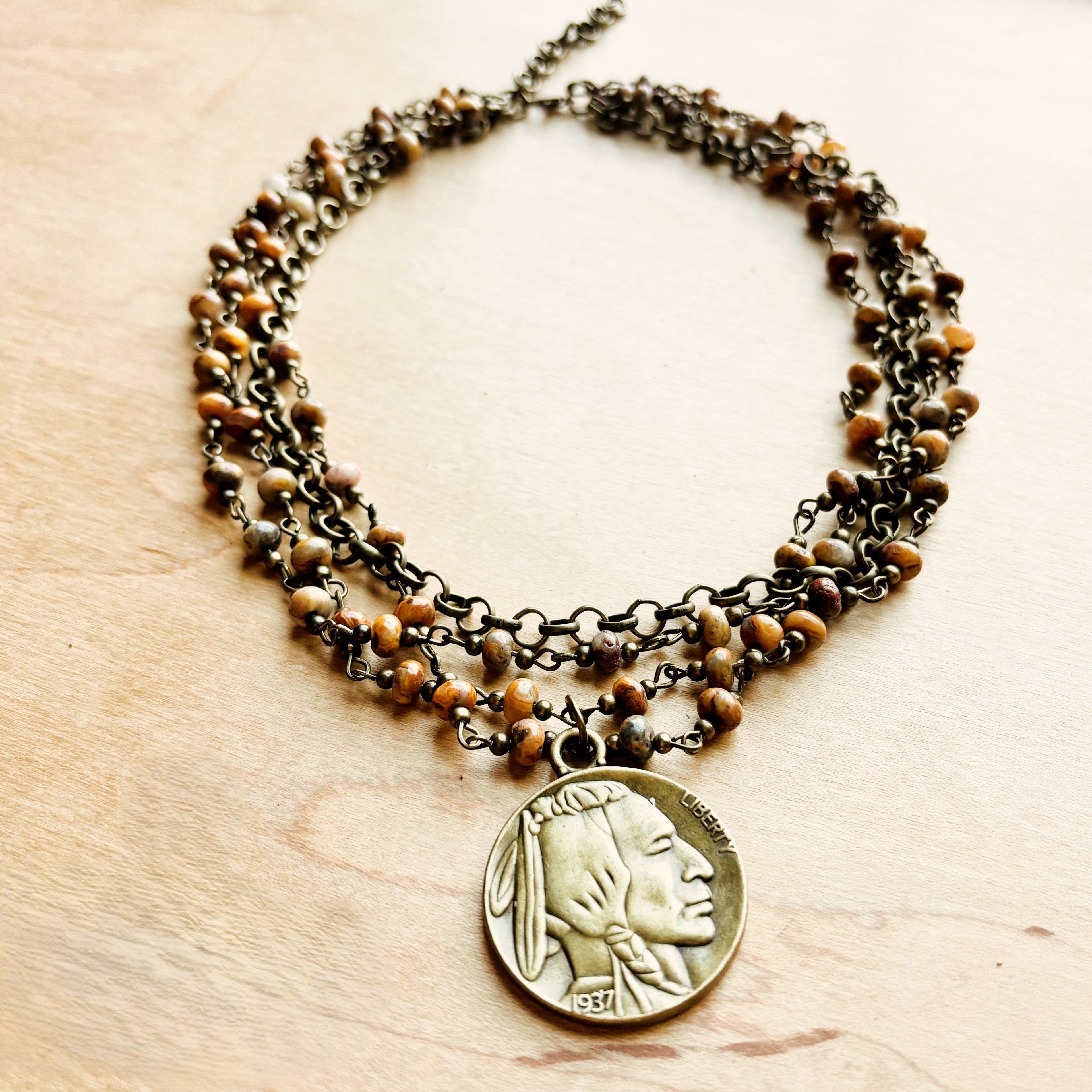 Natural Agate Collar-Length Necklace with Coin 257x
