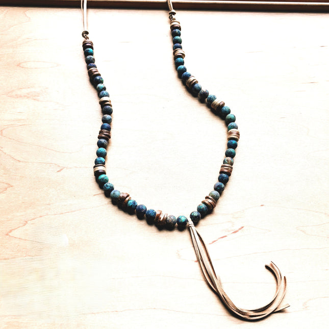 Frosted African Turquoise Necklace Wood Beads Leather Tassel 257z