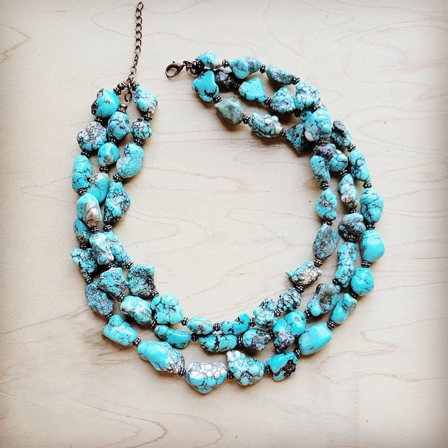 Large Triple Strand Blue Turquoise & Copper Collar Necklace 259d