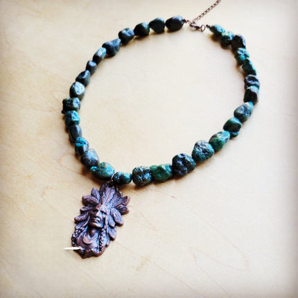 Natural Turquoise Collar Necklace w/ Indian Head Pendant 259n