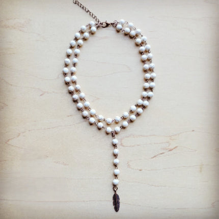 Double Strand Lariat White Turquoise Necklace w/ Copper Feather 259q