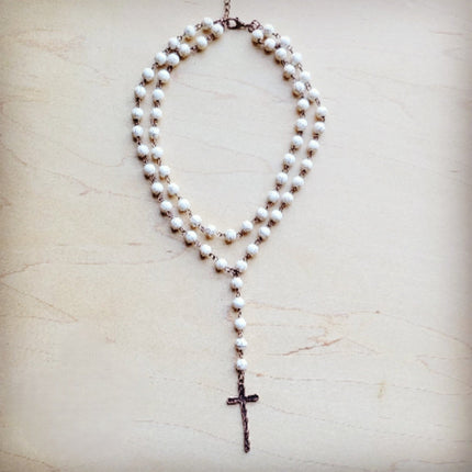 Double Strand Lariat White Turquoise Necklace w/ Cross Pendant 259r