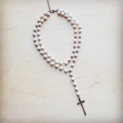 Double Strand Lariat White Turquoise Necklace w/ Cross Pendant 259r
