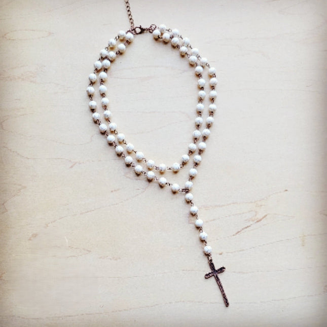 Double Strand Lariat White Turquoise Necklace w/ Cross Pendant 259r
