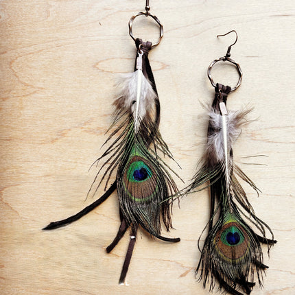 Brown Deer Skin Leather Tassel Earring Peacock Feather 219h