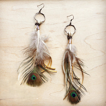 Bone Deer Skin Leather Tassel Earring Peacock Feather 219k