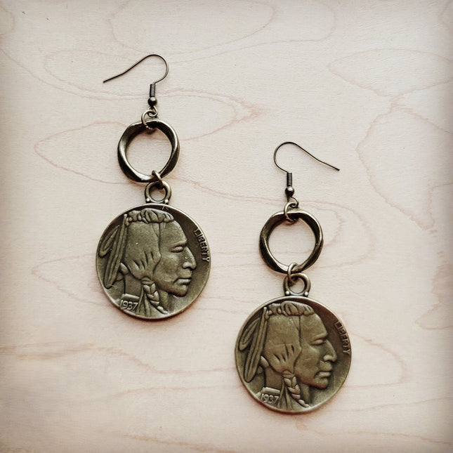 Antique Gold Indian Buffalo Head Earrings 221f