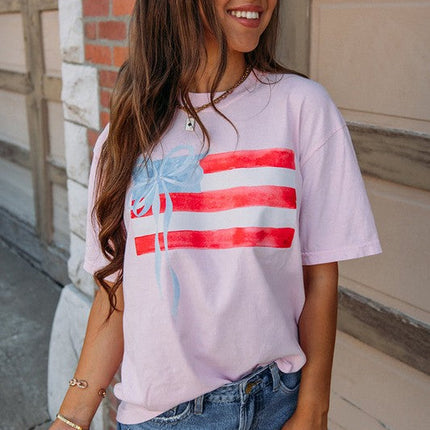 Women Flag Bow Graphic Crewneck Tee