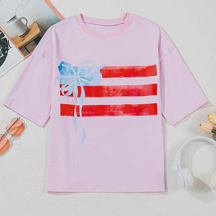 Women Flag Bow Graphic Crewneck Tee