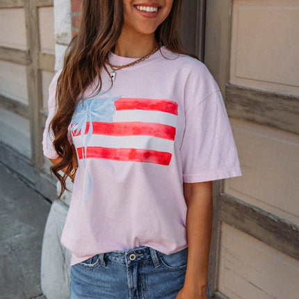 Women Flag Bow Graphic Crewneck Tee