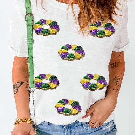 Mardi Gras Pattern Crew Neck Short Sleeve Top
