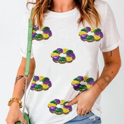 Mardi Gras Pattern Crew Neck Short Sleeve Top