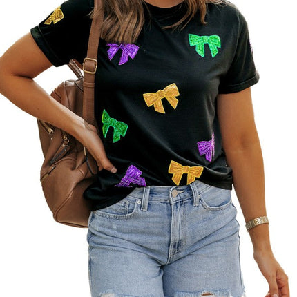 Mardi Gras Pattern Crew Neck Short Sleeve Top