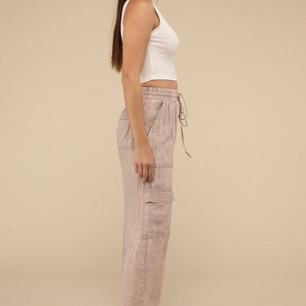 Washed Linen Elastic Band Waist Cargo Pants