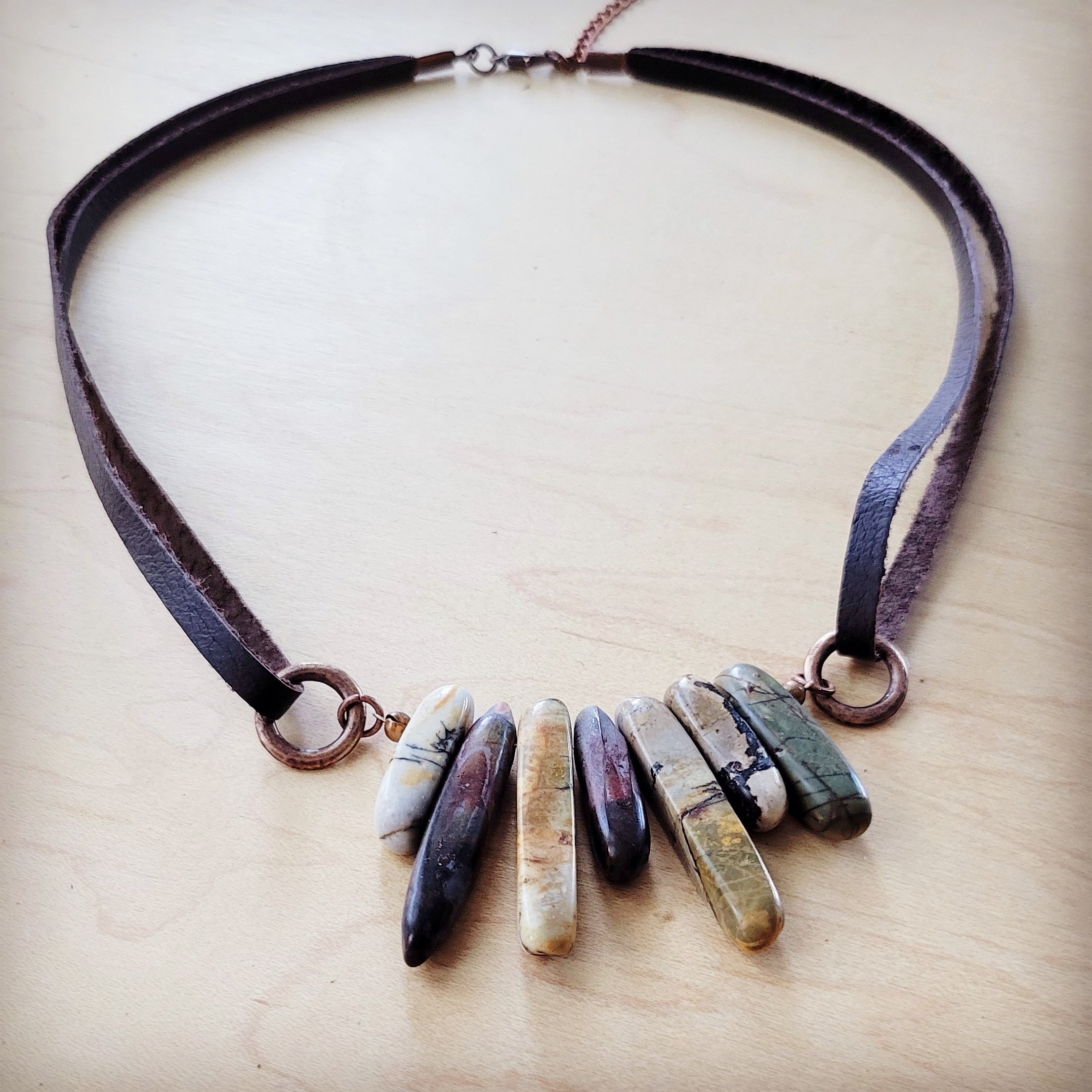 Picasso Jasper Stone Collar Necklace w/ Genuine Leather Cord 261f