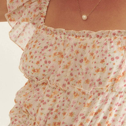 Floral Square Neck Gather Bodice Low Back Bodysuit