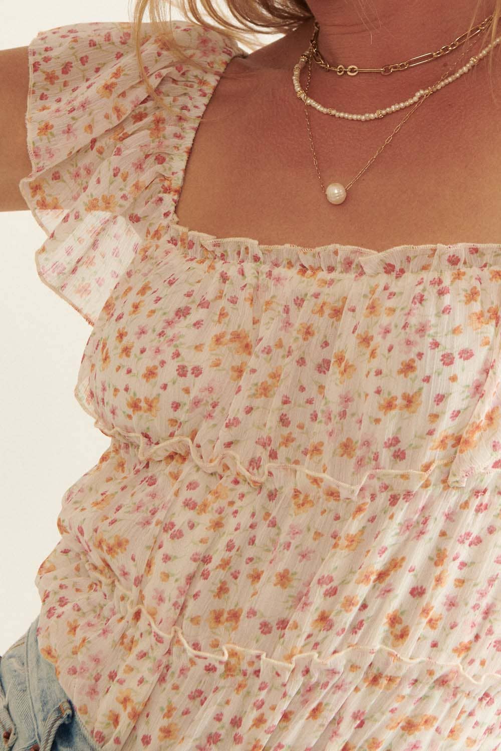 Floral Square Neck Gather Bodice Low Back Bodysuit