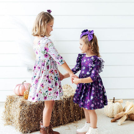 Violets in Bloom 3/4 Sleeve Ruffle Twirl Dress