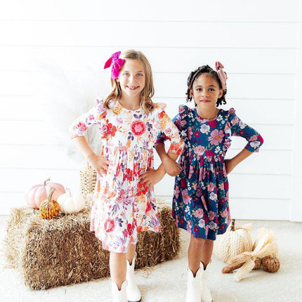 Vintage Garden 3/4 Sleeve Ruffle Twirl Dress