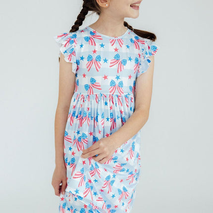Red, White & Bows Flutter Sleeve Twirl Dress