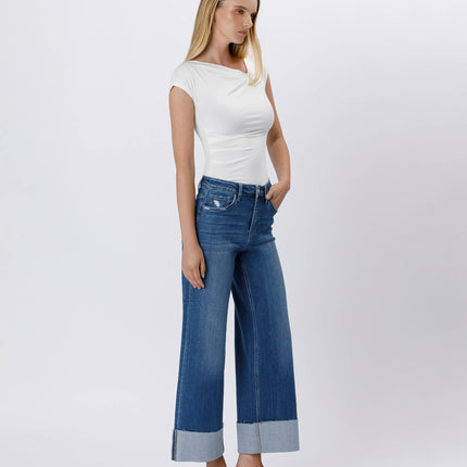 High Rise Cuffed Ankle Wide Leg Jeans