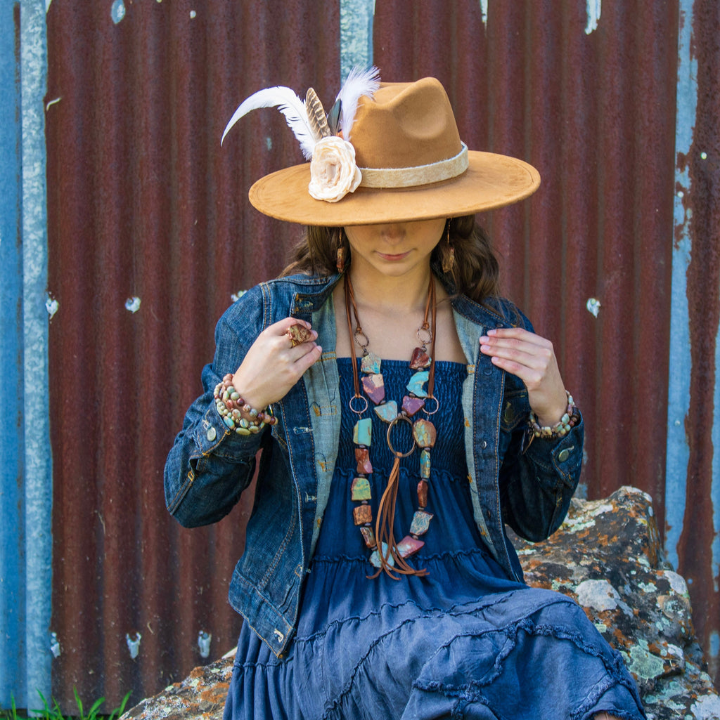 Aqua Terra Slab Necklace with Copper Hoop and leatherFringe Tassel 240r