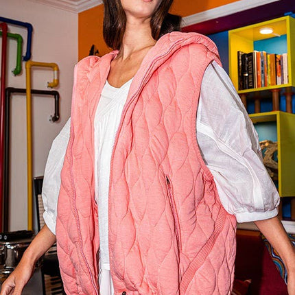 Quilted Hooded Zip-Up Vest Coral
