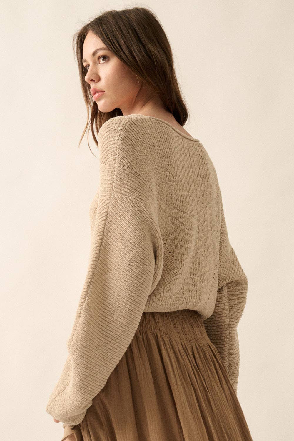 Solid Rib-Knit Dolman-Sleeve Sweater: Oatmeal