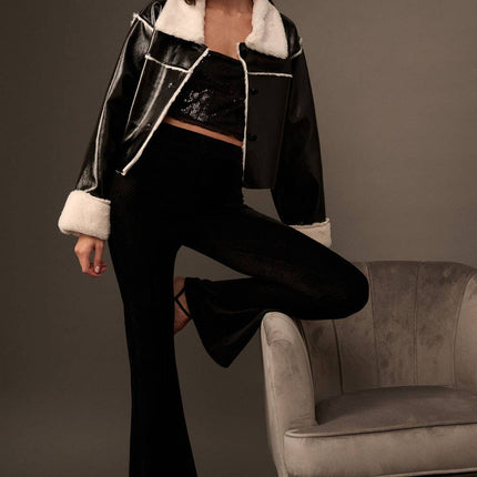 Solid High Waist Fitted Flared Corduroy Pants: BLACK
