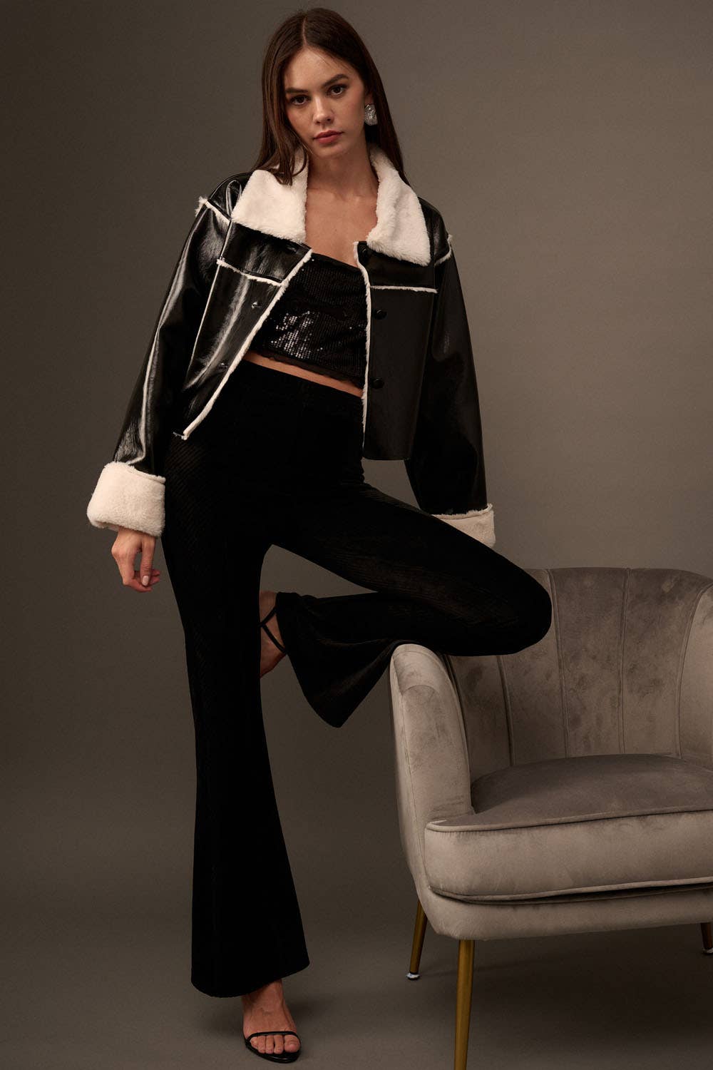 Solid High Waist Fitted Flared Corduroy Pants: BLACK