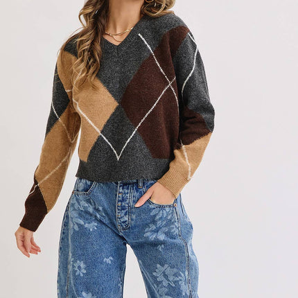 Charcoal Wine Camel  V-Neck Argyle Sweater