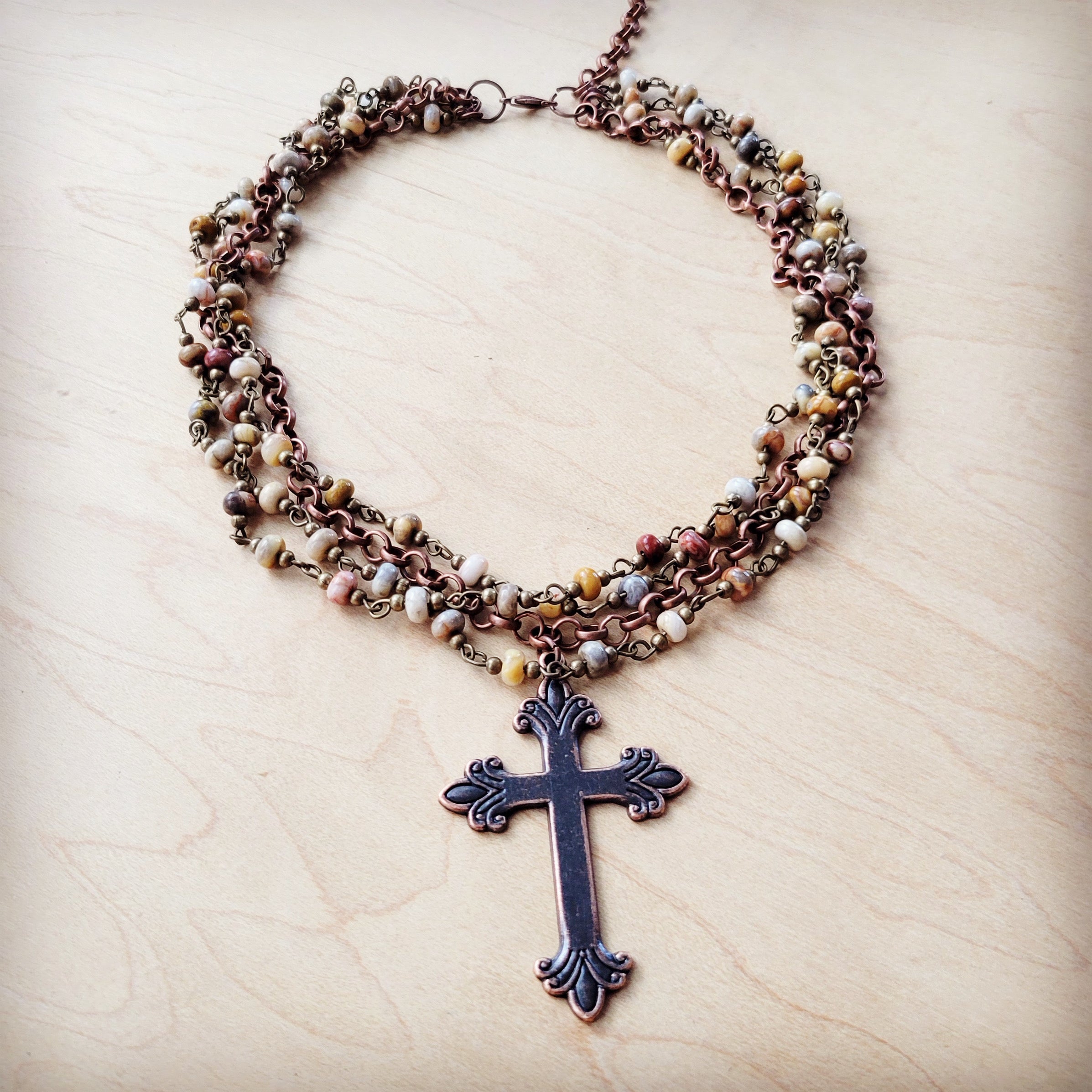 Natural Agate Beaded Collar Necklace w/ Cross Pendant 261d