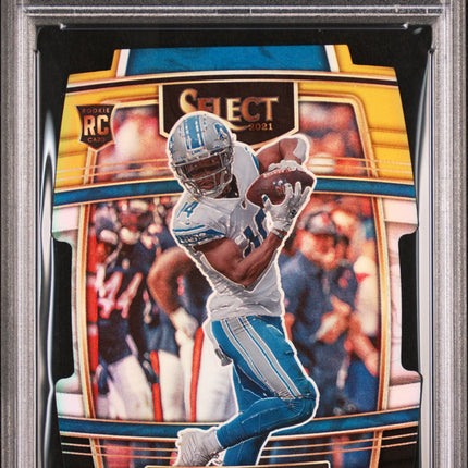 Amon-Ra St. Brown 2021 Panini Select #73 Die-Cut Black/Gold Prizm PSA 9