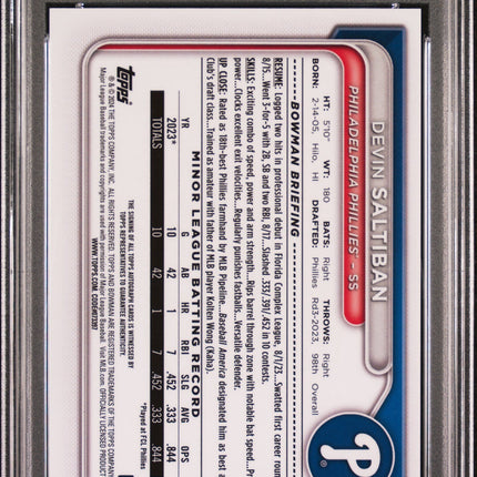 Devin Saltiban 2024 Bowman Chrome  Prospect Auto Prospect Green PSA 10