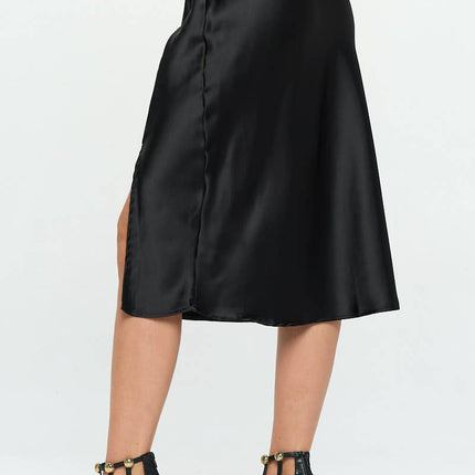 Black Satin Midi Skirt with Slit