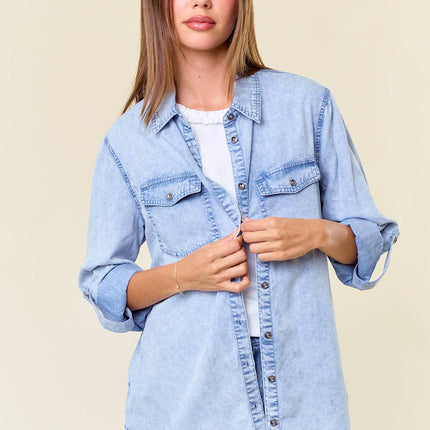 Chambray Button Down Shirt With Roll up Sleeve