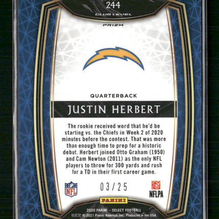 Justin Herbert 2020 Panini Select #244 Disco Blue Prizm #/25