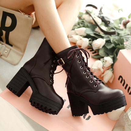 Women’s Chunky Heel PU Martin Boots – Stylish Ankle Combat Boots