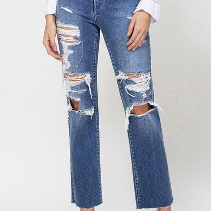 Distressed High Rise Ankle Relaxed Straight Jeans