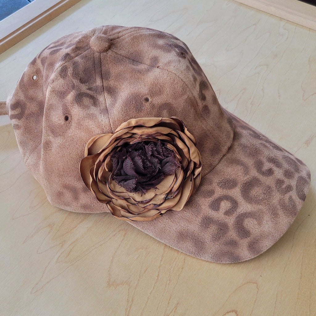 Hand-Painted Leopard Suede Baseball Cap w/ Flowers Tan 986L
