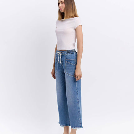 High Rise Flare Denim with Drawstring Waist