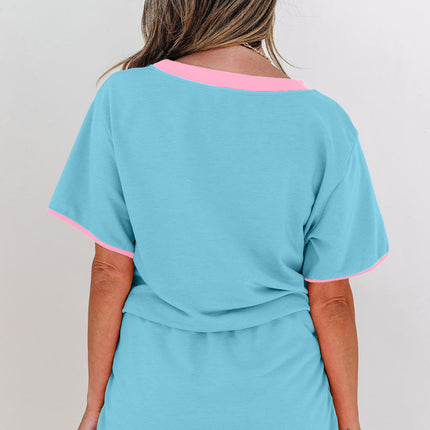 Luxury Colorblock Edge Drop Shoulder T Shirt and Skort 2Pcs Set