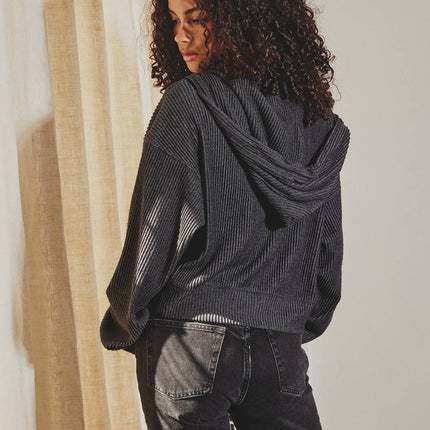 Charcoal Ribbed Knit Full-Zip Hoodie