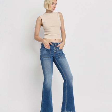 Mid Rise Patch Pocket  Flare Jean