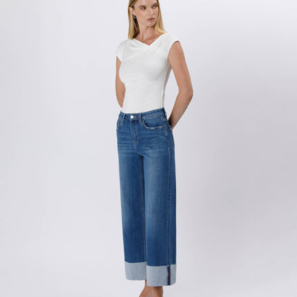 High Rise Cuffed Ankle Wide Leg Jeans